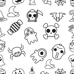 seamless halloween with skull and bones doodle style