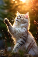 A curious cat stands on its hind legs, reaching up with its paw in the air. The cat's head is tilted to the side, and its eyes are wide and alert. The cat's back is arched, and its tail is held high.