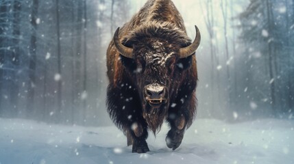 Scary Bison in the snow generative ai