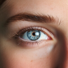 Obraz premium Woman's blue eye close-up macro eyeball stock photo with pretty brown hair eyebrows and beautiful blue eyes