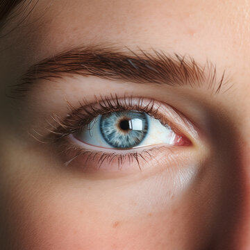 Woman's blue eye close-up macro eyeball stock photo with pretty brown hair eyebrows and beautiful blue eyes
