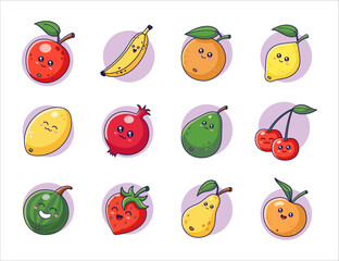 Cute Kawaii Fruits set in cartoon style. Fruits collection. Fruits icons, stickers, mascots. Fruits characters. Vector illustration isolated on white background.