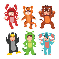 Set of Kid Costume Character Isolated Element Objects with Penguin, Tiger, Lion, Crocodile, Crab and Elephant. Flat Style Icon Vector Illustration