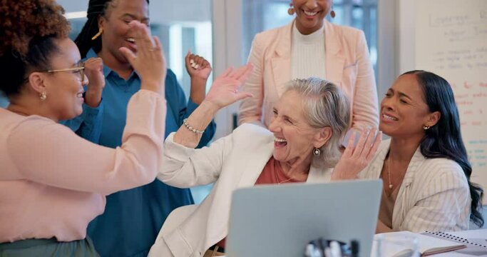 Happy business people, laptop and applause in celebration, winning or team promotion together at office. Group of employees clapping, high five and cheering with computer for good news at workplace