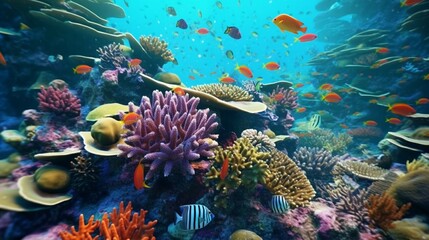 Fototapeta na wymiar underwater colorful reef with many colorful fishes generative ai