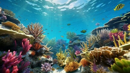 Fototapeta na wymiar underwater colorful reef with many colorful fishes generative ai