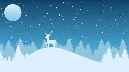 Winter landscape vector illustration. Winter silhouette with reindeer and pine forest at the snow hill. Silhouette of cold season for background, wallpaper or landing page