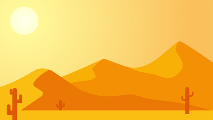 Desert landscape vector illustration. Sand desert landscape with heat sun and cactus. Subtropical desert landscape for background, wallpaper or landing page