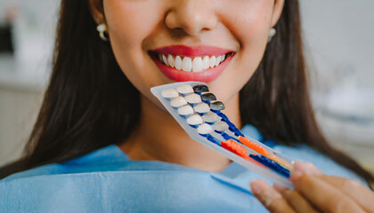close up to mouth Young woman choosing color of teeth at dentist, closeup - obrazy, fototapety, plakaty