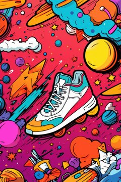 Pop Art Shoes Comic Illustration Retro 90s Style, Running Shoe Street Art Graffiti Pattern, Colorful Abstract Background. © CYB3RUSS