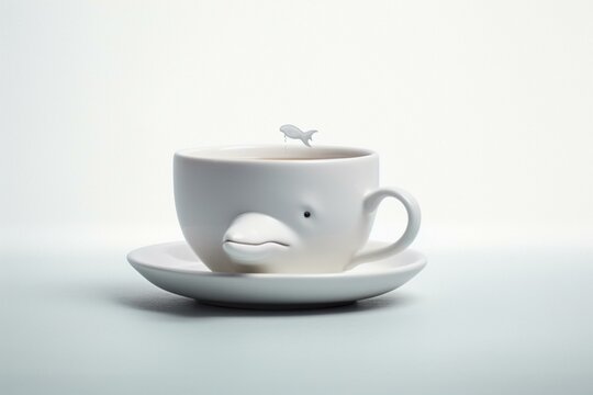a small whale inside a coffee cup against a plain white backdrop. Generative AI