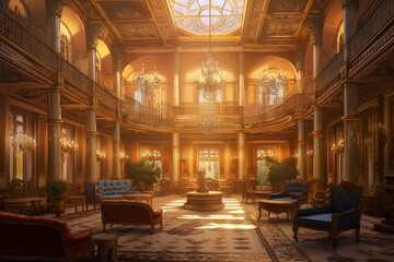 Fototapeta na wymiar Interior of a grand castle, vacant Victorian hall, opulent hotel lobby, illustrious royal residence illustration. Generative AI