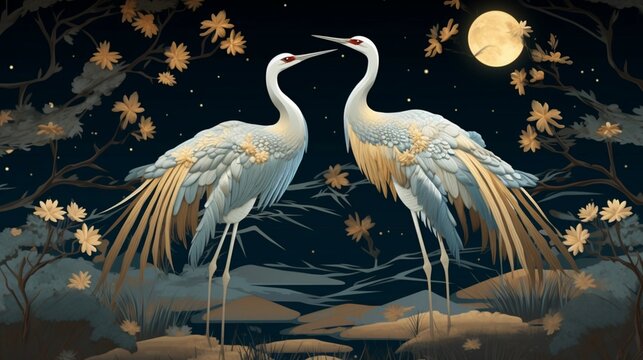 . Two dancing cranes golden moon in the style generative ai