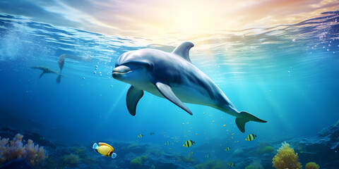 Obraz na płótnie Canvas Sunny Serenity: Dolphin in Sea with blue Water background ai generated