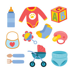 Set of Baby Newborn Element Objects with Baby Bottle, ABC Blocks, Stroller, Spoon, Fork, Toddler and Pacifier. Flat Style Icon Vector Illustration