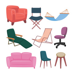 Set of Seat Chairs Isolated Element Objects with Dinning, Stool, Sofa, Armchair, Lounger, Folding and Desk. Flat Style Icon Vector Illustration