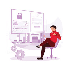 Programmer working in front of laptop accessing secure internet future technology and cybernetics. Cyber ​​Security Concept. trend modern vector flat illustration