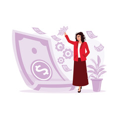 Successful woman standing and holding many dollar banknotes in hand. Earning Money concept. trend modern vector flat illustration