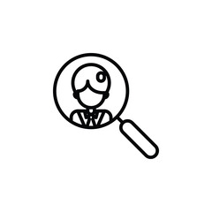 Magnifying glass with people, headhunting, search outline icon. Vector illustration. The isolated icon suits the web, infographics, interfaces, and apps.