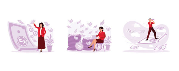Woman holds a lot of money. Paper money is scattered. Businessman standing on banknotes and earning Money concept. set trend modern vector flat illustration