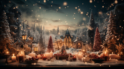 Christmas and new year vibe candles snow - obrazy, fototapety, plakaty