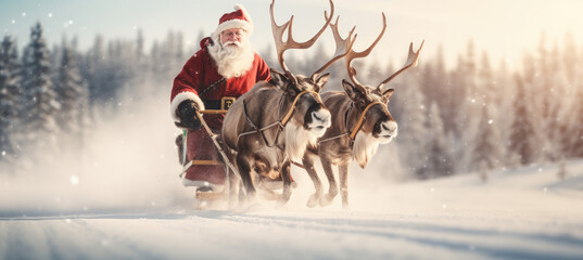 santa claus and reindeer sleighing through the snow - obrazy, fototapety, plakaty