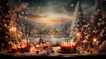 Fototapeta na wymiar Christmas and new year vibe candles snow