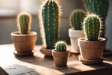 Foto op Plexiglas Cactus in pot Cacti Thrive in a Pot, Basking in the Warm Embrace of Morning Sunlight
