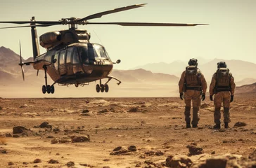 Fototapeten soldiers on a desert battlefield, with helicopters in the background © Kien