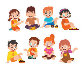 Set of Cute Little Boy Girl Sitting and Talking to Friends. Kid Children with Various Different Poses. Activity Isolated Element Objects. Flat Style Icon Vector Illustration