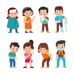 Set of Cute Little Ill Boy Girl Sick Kid Children with Various Different Poses. Activity Isolated Element Objects. Flat Style Icon Vector Illustration