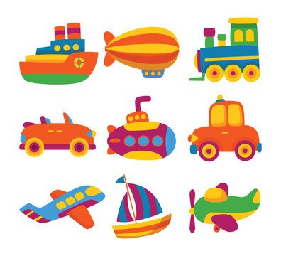 Set of Plastic Kid Toys Isolated Element Objects with Ship Toy, Airship, Airplane, Car, Train, Boat, Submarine. Flat Style Icon Vector Illustration