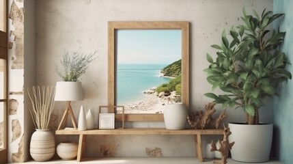 Mock up frame in coastal home interior background.Generative AI
