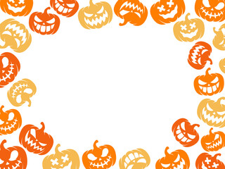 Set of Halloween pumpkins carved faces silhouettes. Black isolated halloween pumpkin face patterns on orange. Scary and funny faces of Halloween pumpkin or ghost. Vector illustration