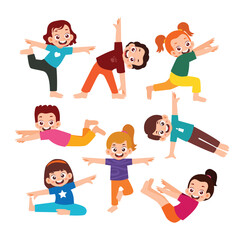 Set of Cute Little Boy Girl Exercise Workout Yoga Kid Children with Various Different Poses. Activity Isolated Element Objects. Flat Style Icon Vector Illustration