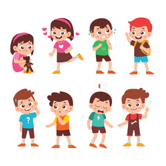 Set of Cute Little Girl Boy Kid Children with Various Different Poses. Activity Isolated Element Objects. Sad, embarrassing, tired, in love, backpack kid. Flat Style Icon Vector Illustration