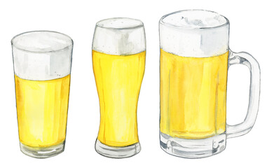 手描き水彩のグラス生ビールのイラストセット / Hand-painted watercolor draft beer glass illustration