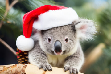 A koala wearing a father christmas festive hat. Cute holiday season animal