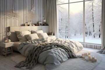 Cozy winter bedroom with contemporary decor. Generative AI