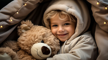 a cute little baby boy hugging his big soft stuffed teddy bear toy while laying in child bed. Generative AI