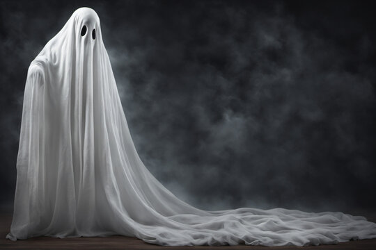 A white-robed ghost floats in the air with smoke floating on it