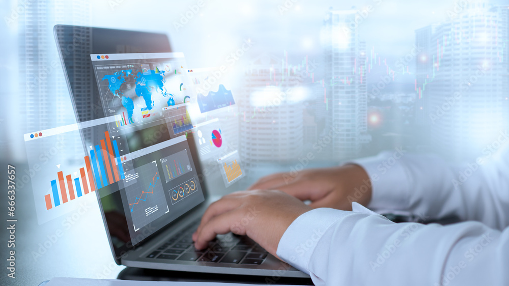 Poster businessman use computers to analyze business and manage corporate data and analyze business with ch