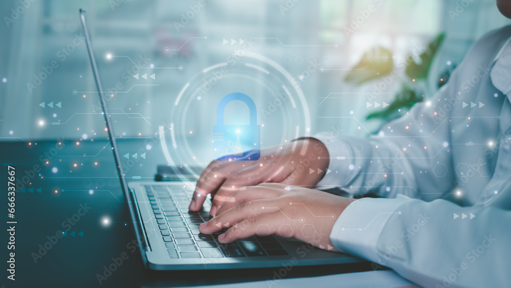 Poster businesswoman using computer to login represents protection concept of cyber security and data secur