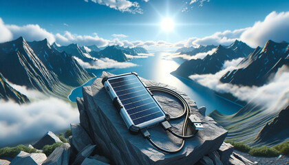 Image d'un chargeur solaire pliable déployé sur un rocher avec un câble USB connecté à un GPS. Le ciel bleu et quelques nuages sont visibles en arrière-plan.