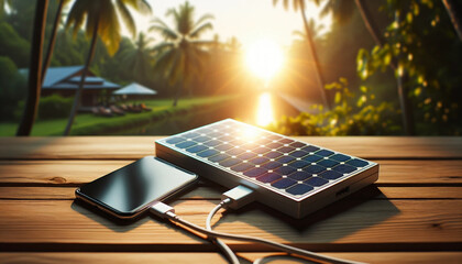 Chargeur solaire rectangulaire avec des panneaux solaires brillants à la lumière du soleil, posé sur une table en bois à côté d'un smartphone en cours de charge. 
