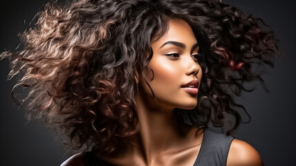 Fototapeta premium closeup of beautiful black african american young female model woman shaking her beautiful afro hair in motion. ad for shampoo conditioner hair products. isolated on white background. Generative AI