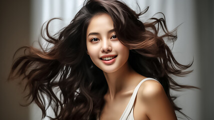 closeup portrait of beautiful young female asian korean model woman shaking her beautiful hair in motion. ad for shampoo conditioner hair products. isolated on white background. Generative AI - obrazy, fototapety, plakaty