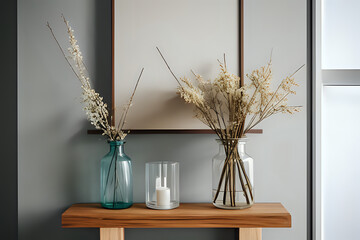 Simple painting on wooden console table with twigs in glass vase in modern living room interior. Flowers in a vase