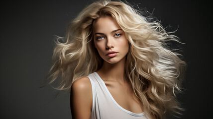 closeup of beautiful young female model woman shaking her beautiful blonde hair  hair in motion. White theme on white background .