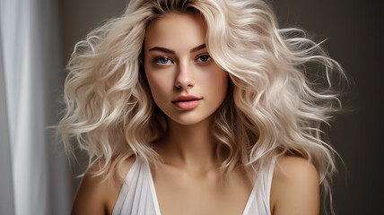 Fototapeta premium closeup of beautiful young female model woman shaking her beautiful blonde hair hair in motion. White theme on white background .